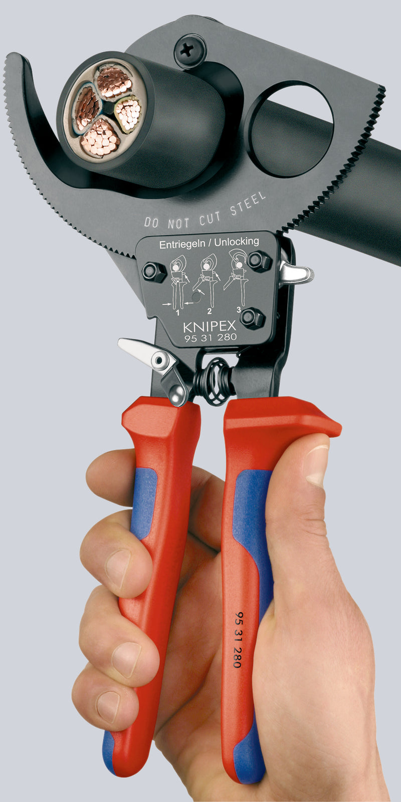 KNIPEX 95 31 280 Cable Cutter (ratchet action) with multi-component grips black lacquered 280 mm (self-service card/blister)