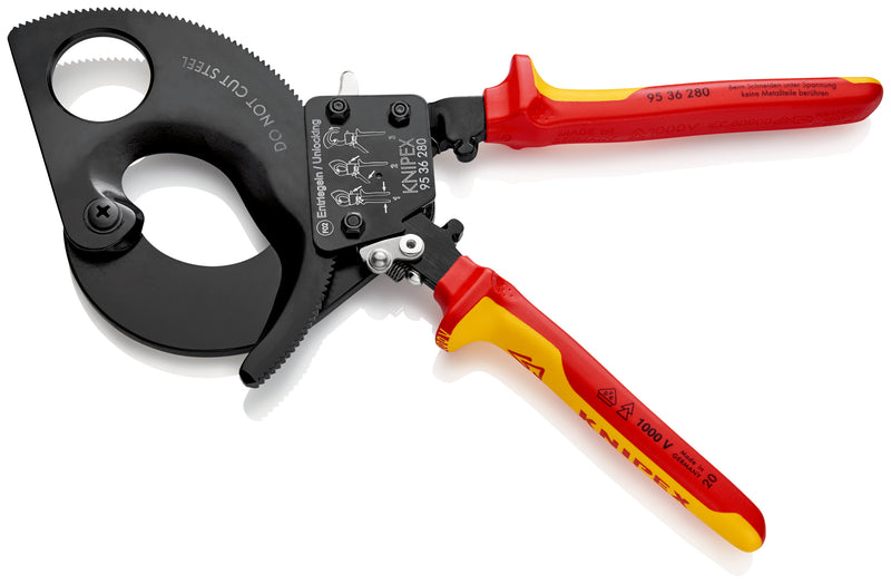 KNIPEX 95 36 280 Cable Cutter (ratchet action) insulated with multi-component grips, VDE-tested black lacquered 280 mm (self-service card/blister)