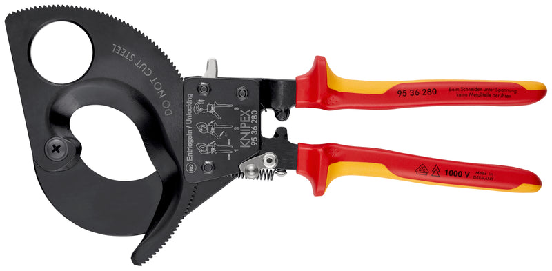 KNIPEX 95 36 280 Cable Cutter (ratchet action) insulated with multi-component grips, VDE-tested black lacquered 280 mm (self-service card/blister)