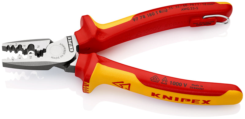 KNIPEX 97 78 180 T Crimping Pliers for wire ferrules insulated with multi-component grips, VDE-tested with integrated insulated tether attachment point for a tool tether 180 mm