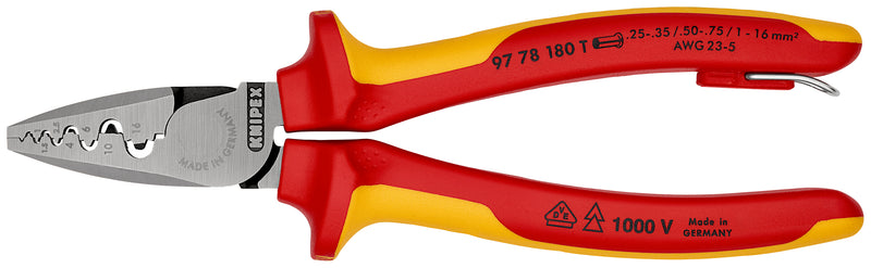 KNIPEX 97 78 180 T Crimping Pliers for wire ferrules insulated with multi-component grips, VDE-tested with integrated insulated tether attachment point for a tool tether 180 mm