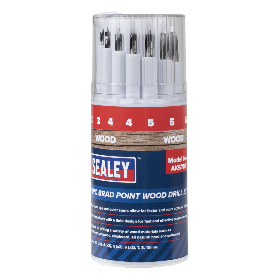 Sealey AK5703 Brad Point Wood Drill Bit Set 11pc