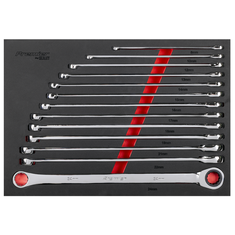 SEALEY AK63190 Premier Extra-Long Double Ring Ratchet/Fixed Spanner Set 13pc
