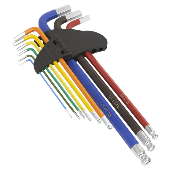 Sealey AK7198 9pc Anti-Slip Extra-Long Ball-End Hex Key Set - Imperial