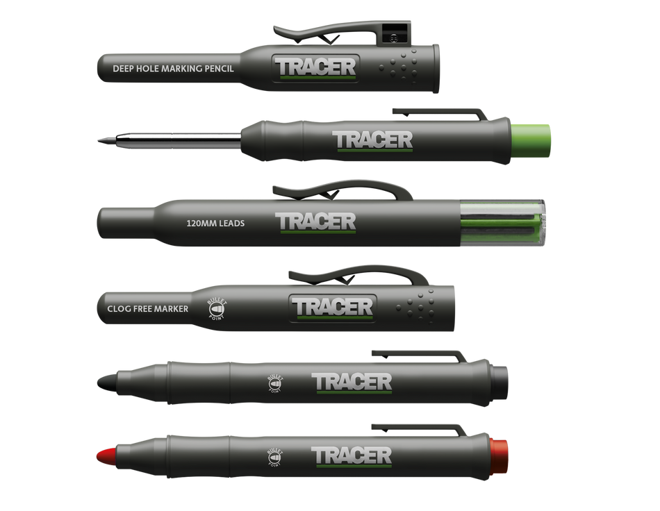 TRACER AMK4 Ultimate Marking Kit w/ Deep Hole Construction Pencil, Replacement Lead Set & 2 Clog-Free Construction Markers (Black and Red)