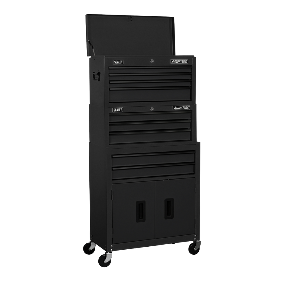Sealey AP2200BKSTACK American PRO® Topchest, Mid-Box Tool Chest & Rollcab Stack 9 Drawer - Black