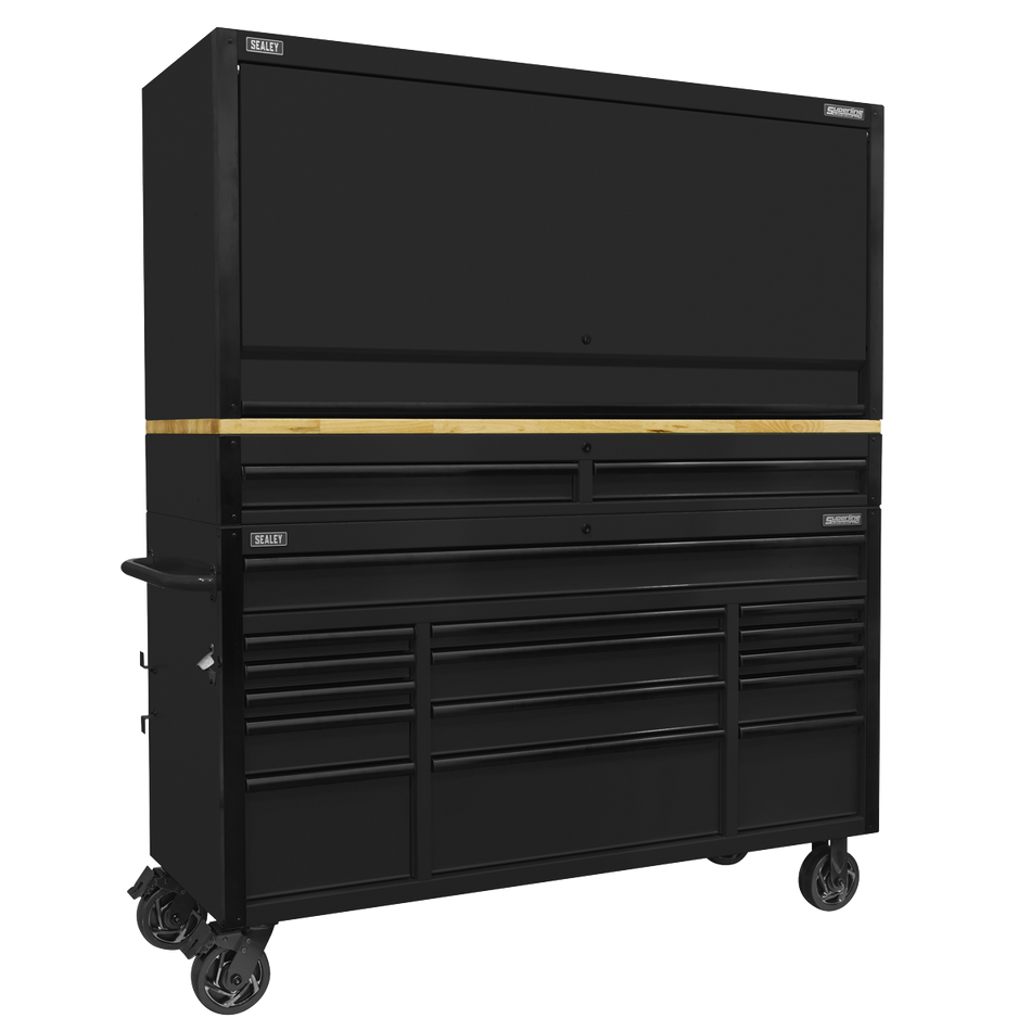 Sealey AP6215BECOMBO1 Superline PRO® Black Edition Mobile Trolley with Wooden Worktop 15 Drawer, Hutch & 2 Drawer Riser 1549mm