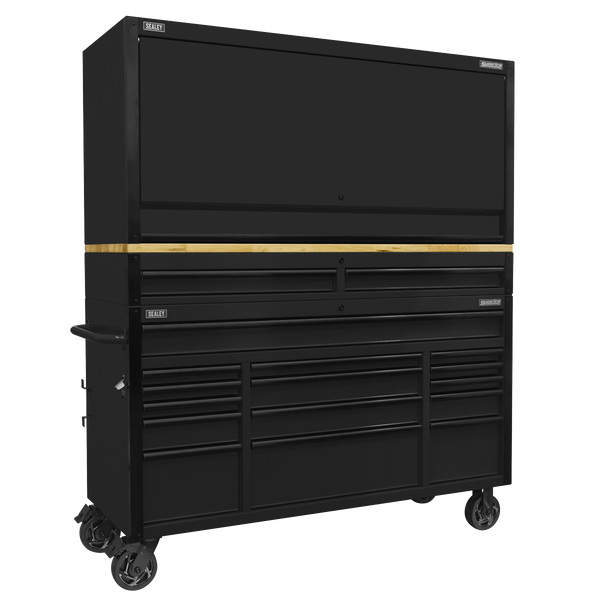 Sealey AP6215BECOMBO1 Superline PRO® Black Edition Mobile Trolley with Wooden Worktop 15 Drawer, Hutch & 2 Drawer Riser 1549mm