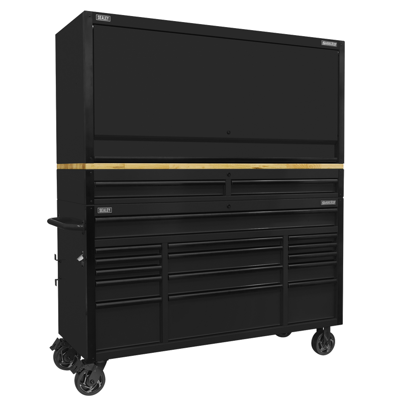 Sealey AP6215BECOMBO1 Superline PRO® Black Edition Mobile Trolley with Wooden Worktop 15 Drawer, Hutch & 2 Drawer Riser 1549mm