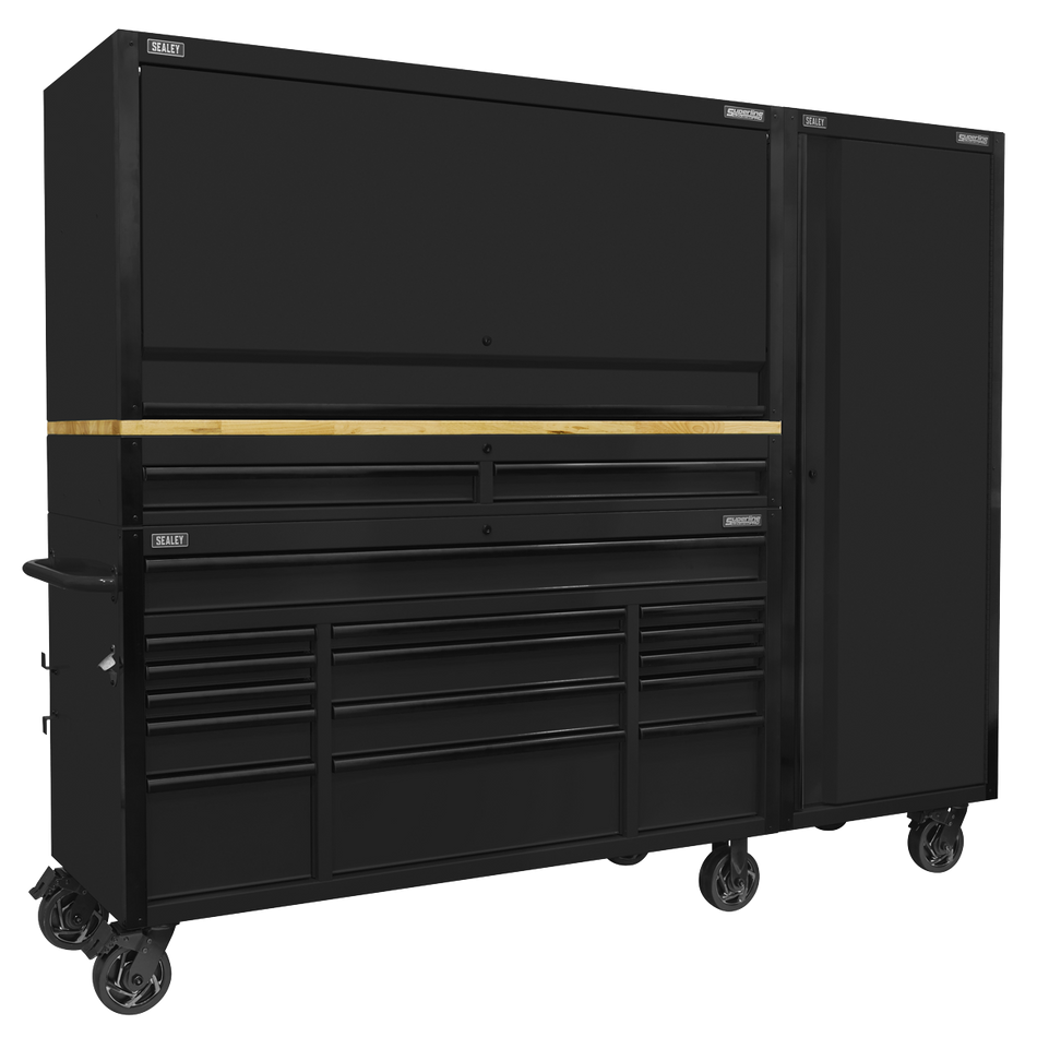 Sealey AP6215BECOMBO2 Superline PRO® Black Edition Mobile Trolley with Wooden Worktop 15 Drawer, Hutch, 2 Drawer Riser & Side Locker 1549mm