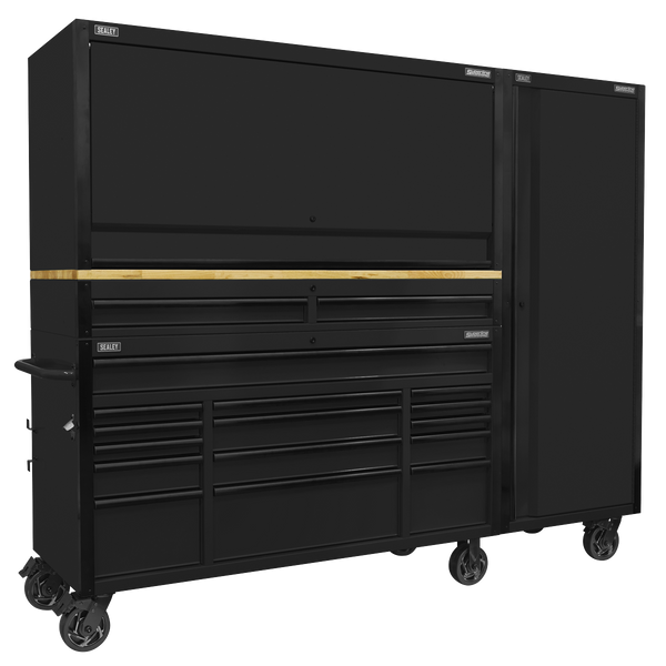 Sealey AP6215BECOMBO2 Superline PRO® Black Edition Mobile Trolley with Wooden Worktop 15 Drawer, Hutch, 2 Drawer Riser & Side Locker 1549mm