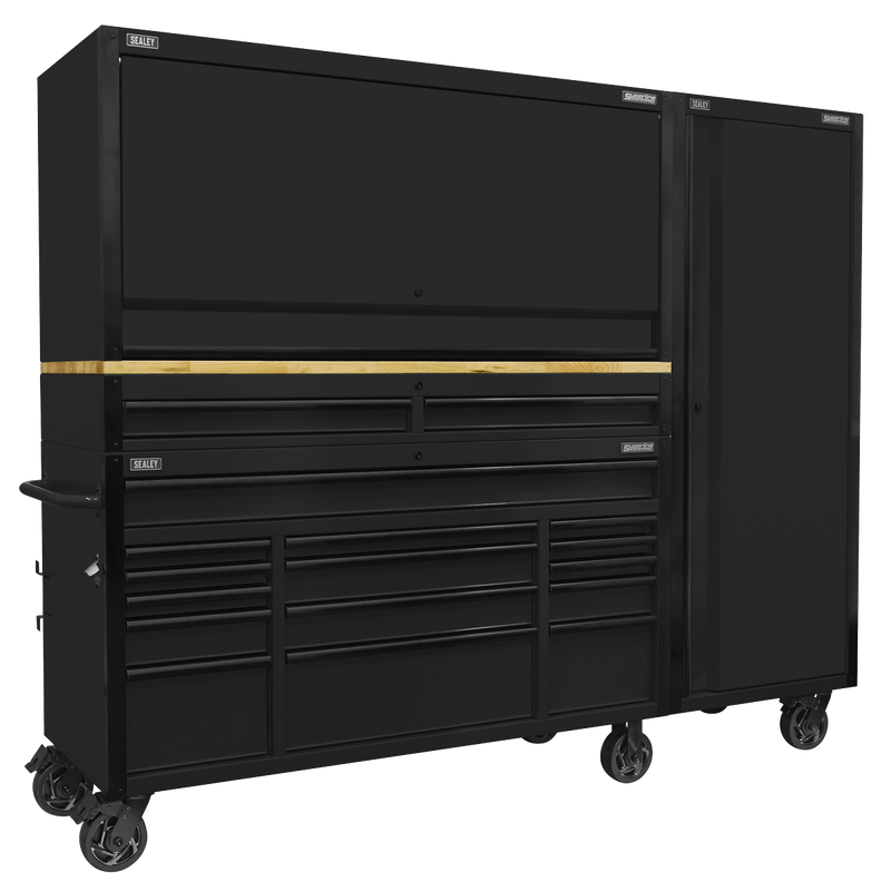 Sealey AP6215BECOMBO2 Superline PRO® Black Edition Mobile Trolley with Wooden Worktop 15 Drawer, Hutch, 2 Drawer Riser & Side Locker 1549mm