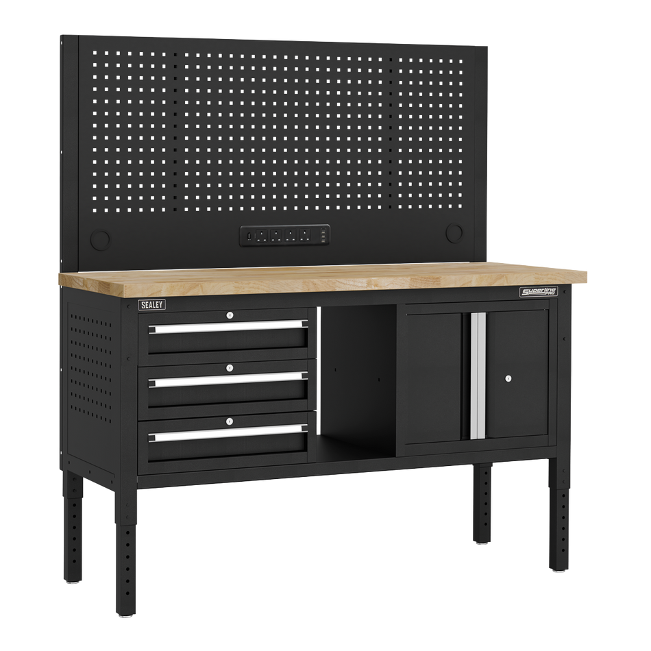 Sealey APMWB60COMBO2W Superline PRO® Modular Workbench with 3 Drawers & Cupboard Wooden Worktop 1525mm