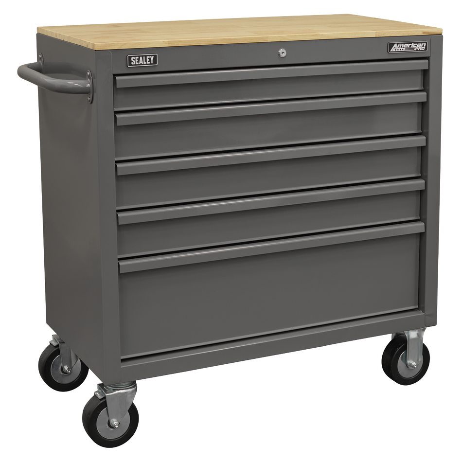 Sealey APMWS1G American PRO® Mobile Workstation with Wooden Worktop 5 Drawer - Grey