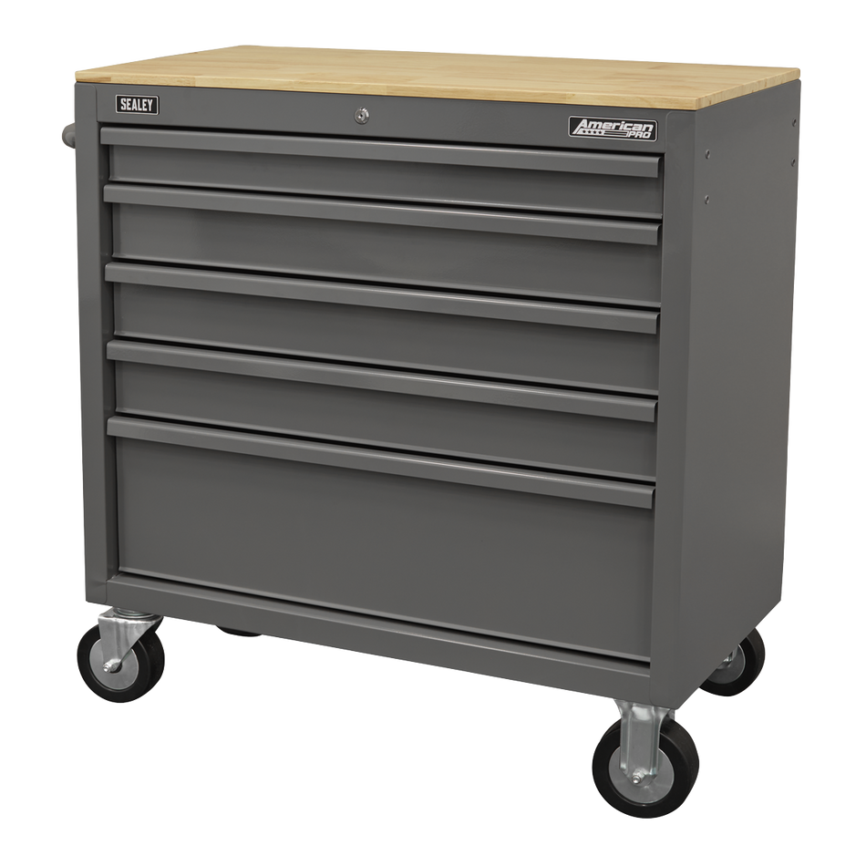 Sealey APMWS1G American PRO® Mobile Workstation with Wooden Worktop 5 Drawer - Grey