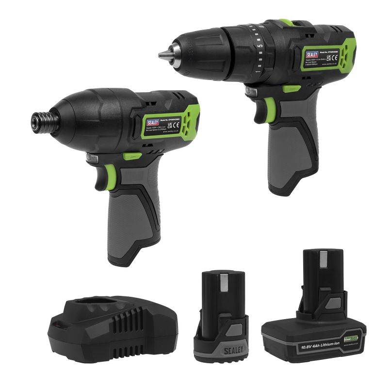 Sealey CP108VCOMBO3EU 2 x SV10.8 Series Cordless Combi Drill & Impact Driver Kit 10.8V - 2 Batteries & Euro Plug