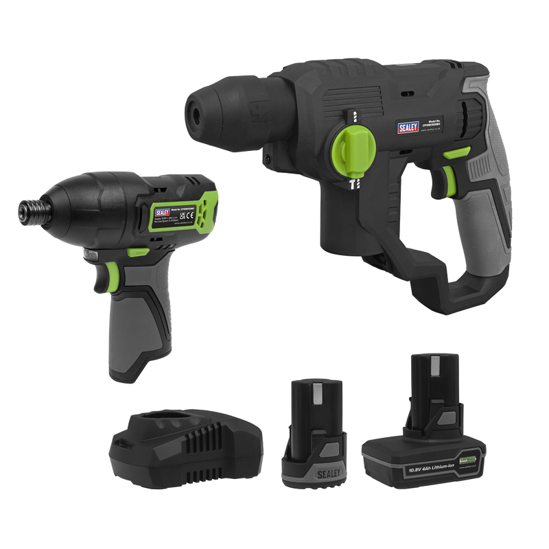 Sealey CP108VCOMBO4EU 2 x SV10.8 Series Cordless Rotary Hammer Drill & Impact Driver Kit 10.8V - 2 Batteries & Euro Plug