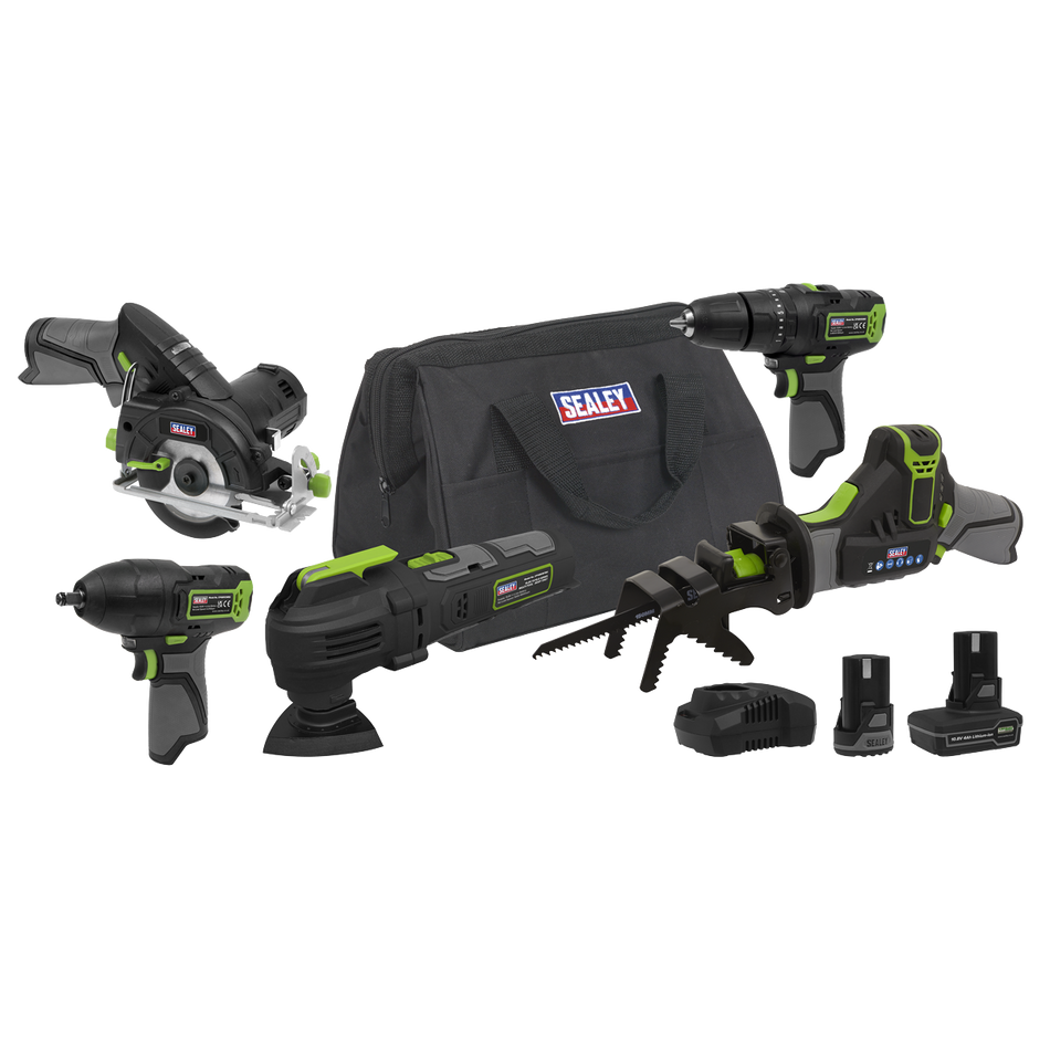 Sealey CP108VCOMBO8EU 5 x SV10.8 Series Cordless Combo Kit 10.8V - 2 Batteries & Euro Plug