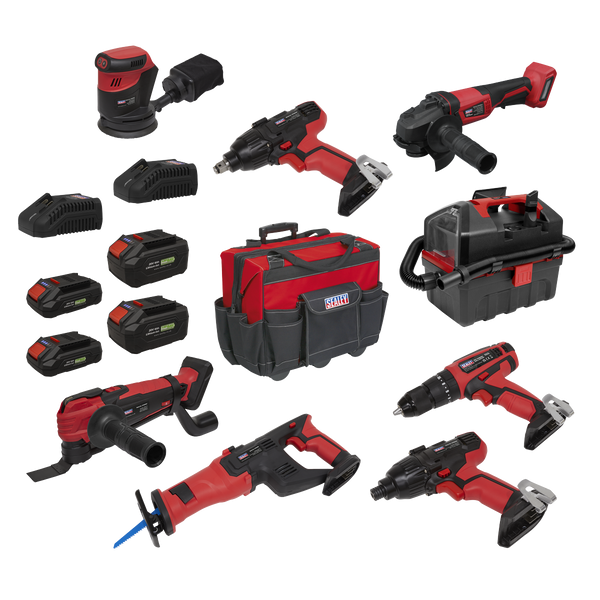 SEALEY CP20VCOMBO4EU 8 x SV20 Series Cordless Power Tool Kit 20V Euro Plug - 4 Batteries