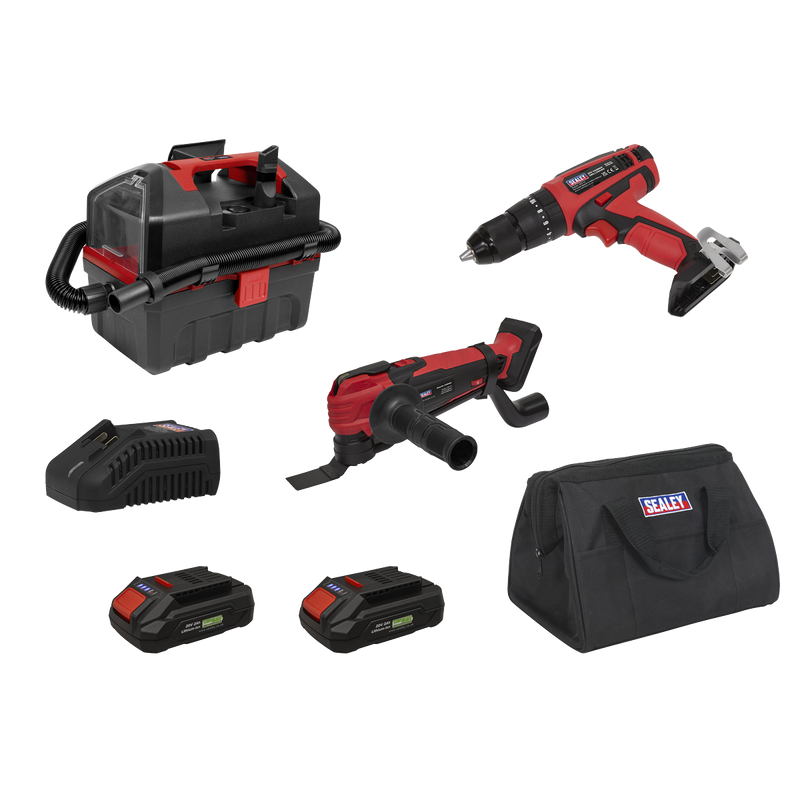 SEALEY CP20VCOMBO5EU 3 x SV20 Series Cordless Power Tool Vac Kit 20V Euro Plug - 2 Batteries