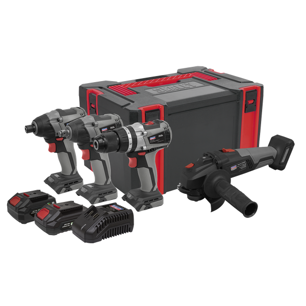 SEALEY CP20VCOMBOX1EU Premier 4 x SV20 Series Cordless Brushless Power Tool Kit 20V Euro Plug - 2 Batteries