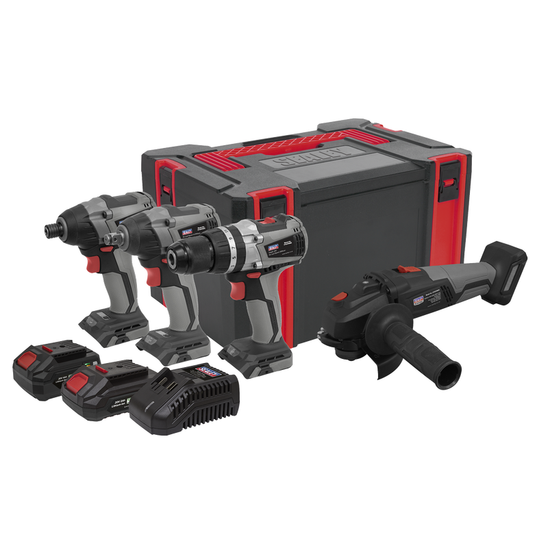SEALEY CP20VCOMBOX1EU Premier 4 x SV20 Series Cordless Brushless Power Tool Kit 20V Euro Plug - 2 Batteries