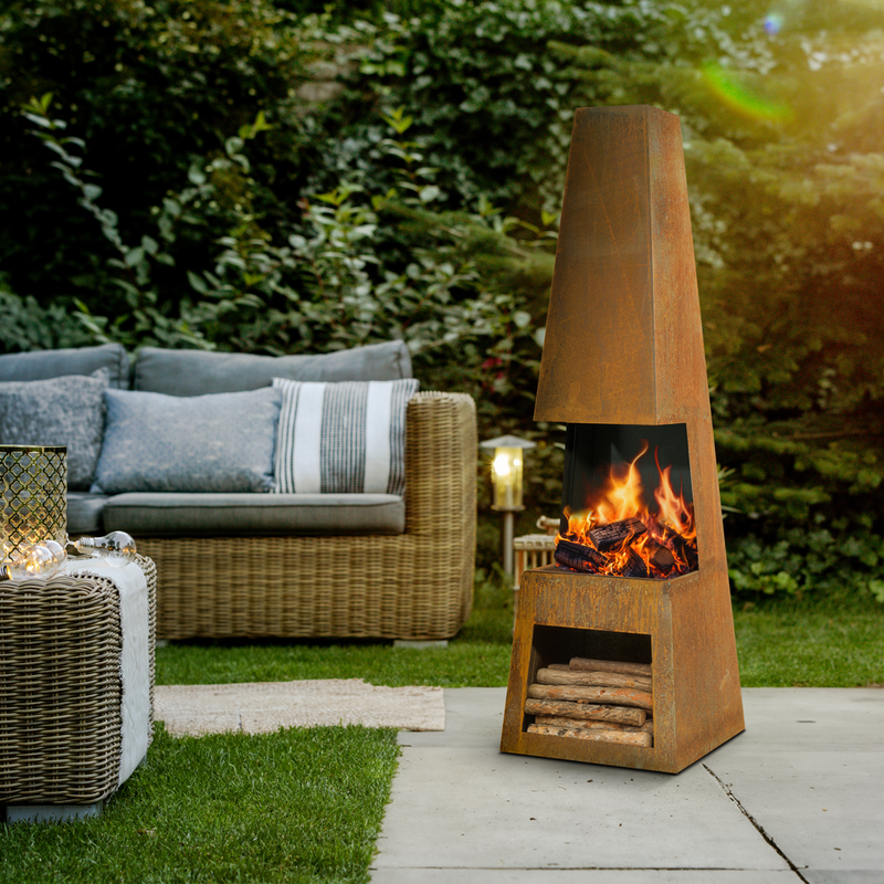 Dellonda DG108  Outdoor Chiminea Fireplace Heater Firewood Storage - Corten Steel