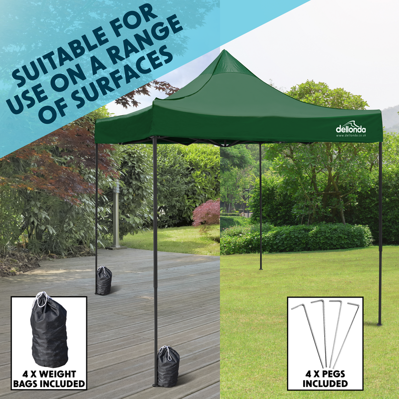 Dellonda DG132  Premium 3 x 3m Pop-Up Gazebo, PVC Coated, Water Resistant Fabric, Supplied with Carry Bag, Rope, Stakes & Weight Bags - Dark Green Canopy