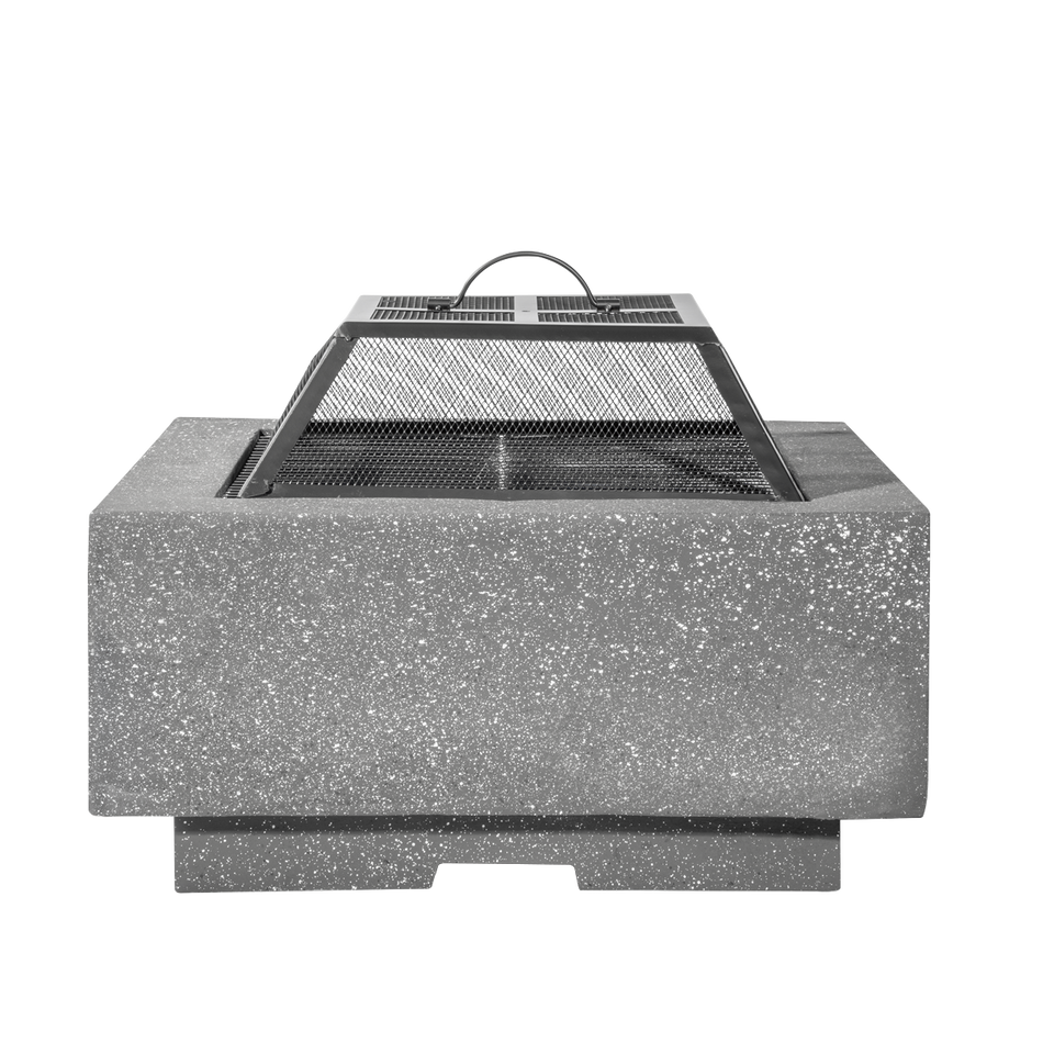 Dellonda DG193  Square MgO Fire Pit with BBQ Grill, Safety Mesh Screen and Fire Poker, Magnesium Oxide, Suitable for Wood and Charcoal - Dark Grey - DG193
