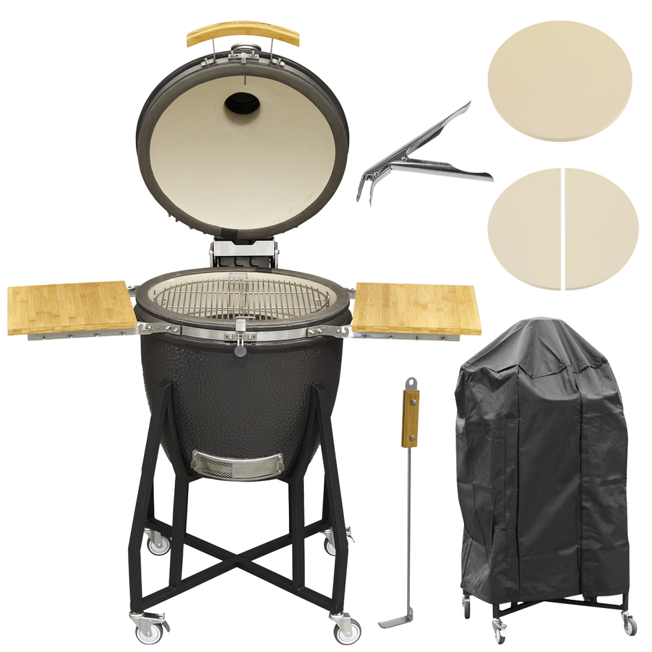 Dellonda DG236  Deluxe 22"(56cm) Ceramic Kamado Style BBQ, Cover, Grid Gripper, Heat Deflector & Heat Deflector Support