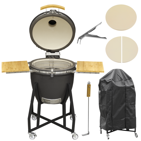 Dellonda DG236  Deluxe 22"(56cm) Ceramic Kamado Style BBQ, Cover, Grid Gripper, Heat Deflector & Heat Deflector Support