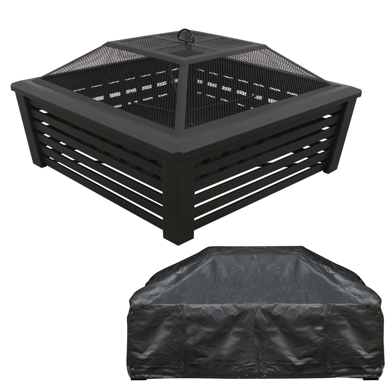 Sealey DG238 Dellonda 35" Square Outdoor Fire Pit, Mesh Screen Lid, Black with Water Resistant Drawstring Cover