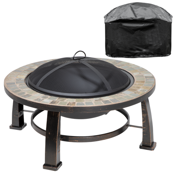 Dellonda DG240  30" Deluxe Traditional Style Fire Pit, Fireplace, Outdoor Heater with Fire Poker , Safety Mesh Screen & Drawstring Cover - Slate Top