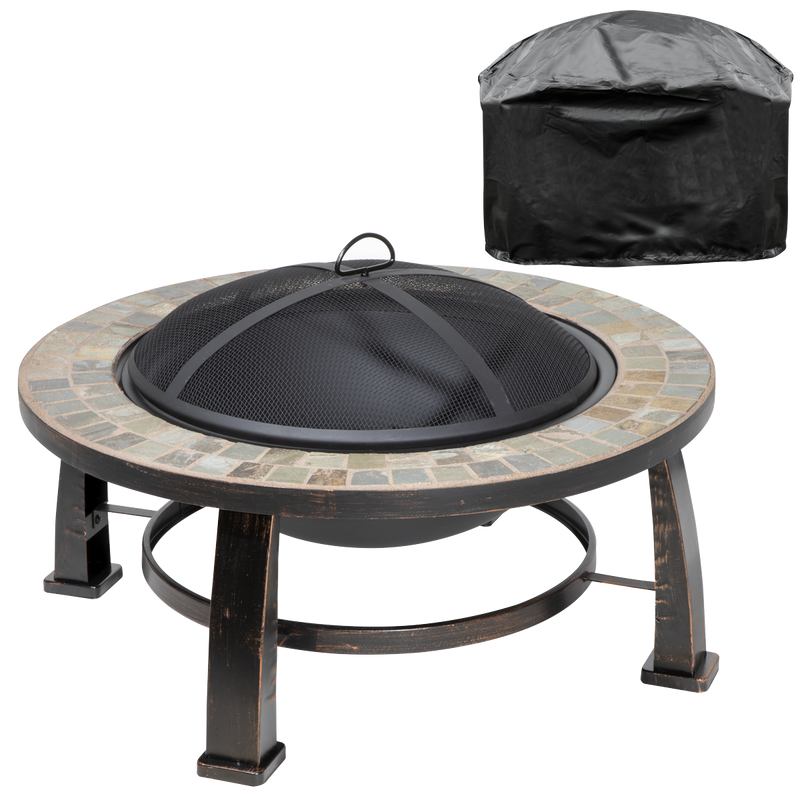 Dellonda DG240  30" Deluxe Traditional Style Fire Pit, Fireplace, Outdoor Heater with Fire Poker , Safety Mesh Screen & Drawstring Cover - Slate Top