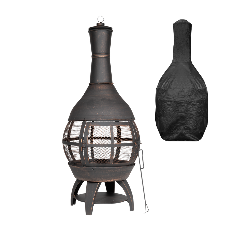 Dellonda DG241  Deluxe 360 degree Chiminea/Fire Pit/Outdoor Heater with Fire Poker & Water Resistant Drawstring Cover - Antique Bronze Finish - DG241