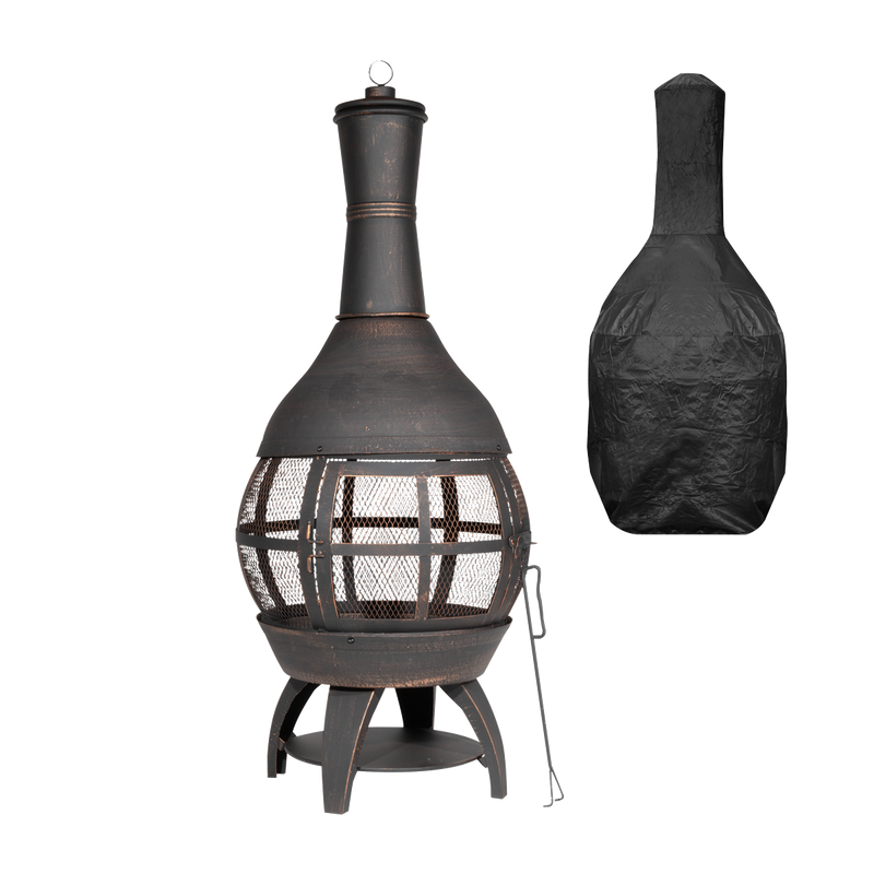 Dellonda DG241  Deluxe 360 degree Chiminea/Fire Pit/Outdoor Heater with Fire Poker & Water Resistant Drawstring Cover - Antique Bronze Finish - DG241