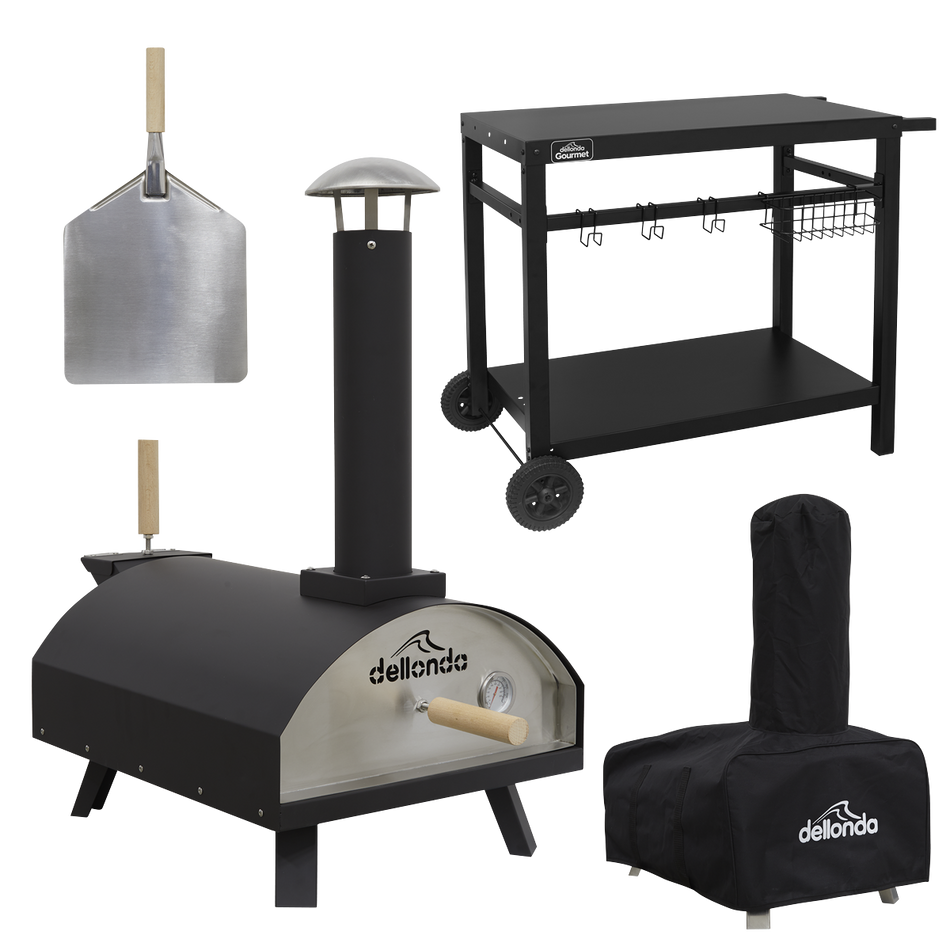 Dellonda DG258  Wood-Fired Pizza Oven, Pizza Peel, Cover & Plancha Trolley 14" - Black
