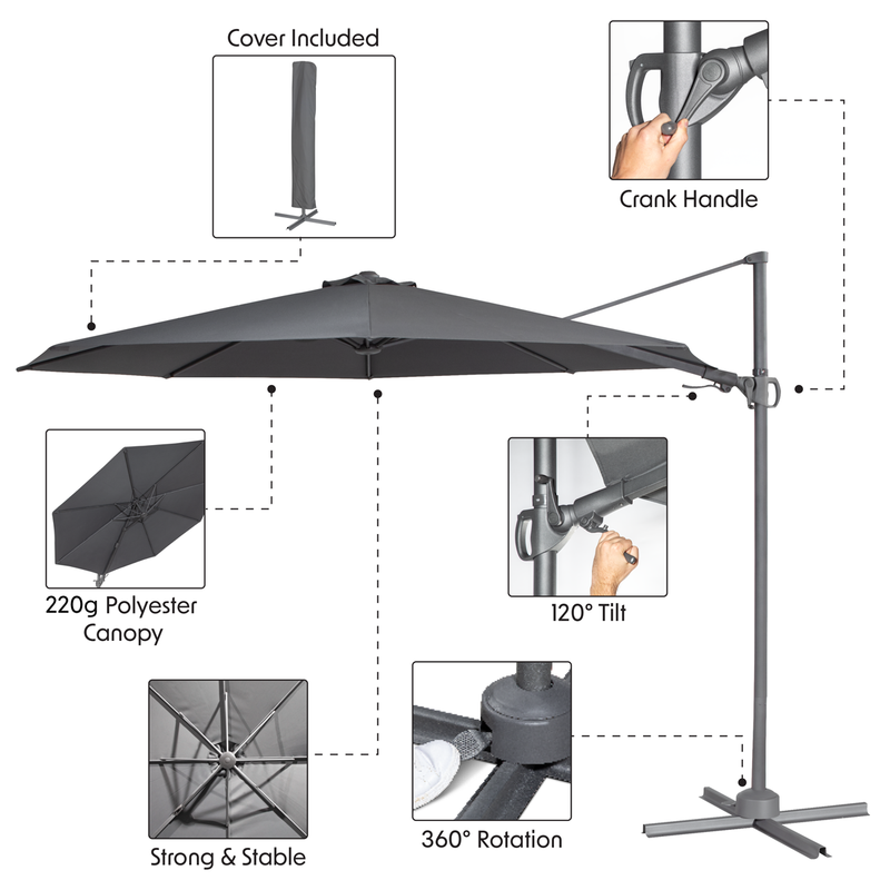 Sealey DG267 Dellonda Cantilever Parasol with 360 degree Rotation, Tilt & Cover 3m - Grey