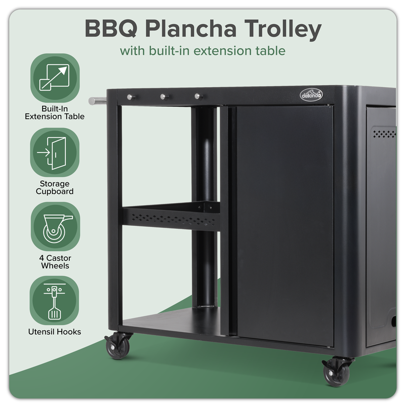 Dellonda DG282  BBQ/Plancha Workstation Trolley with Cupboard, Extension Table & Utensil Hooks, Black