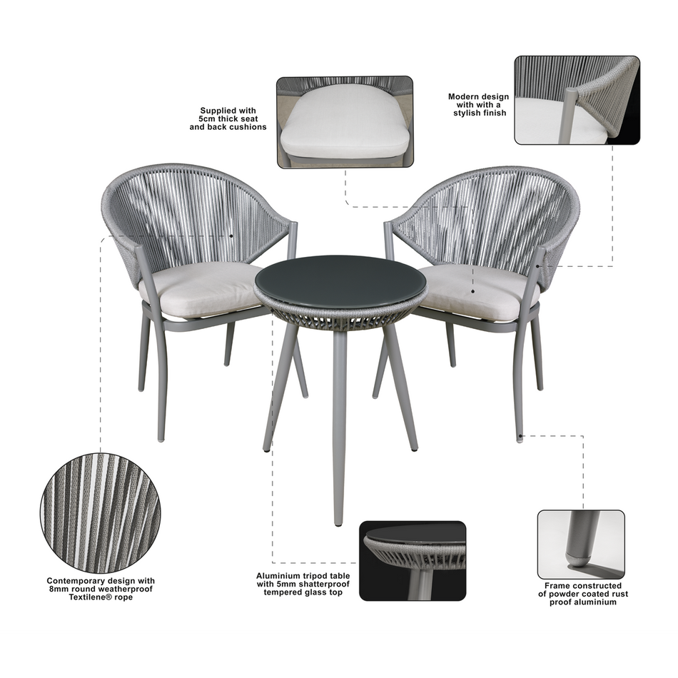 Dellonda DG58  Echo Aluminium Balcony Set with Tempered Glass Tabletop 3pc