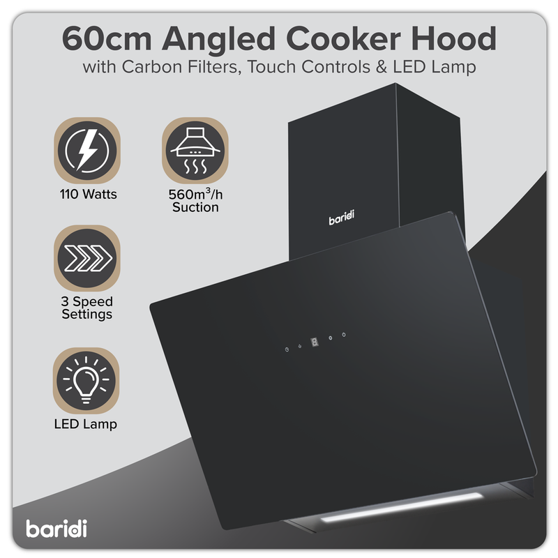 Baridi DH105  Angled Chimney Cooker Hood with Touch Controls & Carbon Filters 60cm - Black Glass