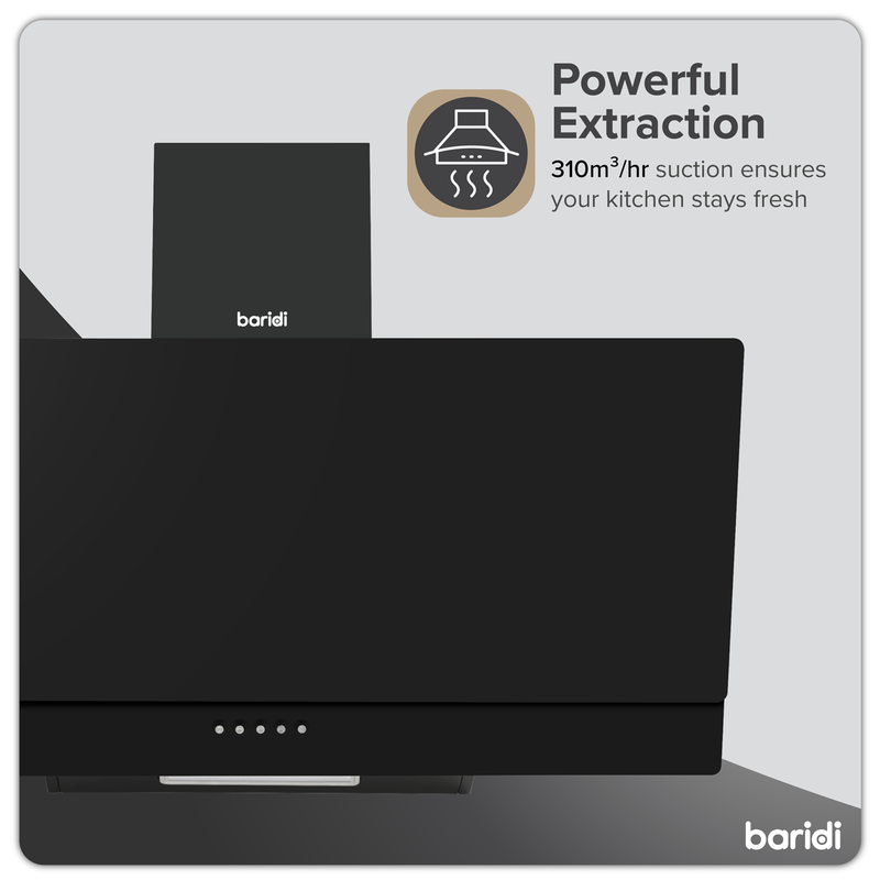 Baridi DH106  Angled Chimney Cooker Hood with Carbon Filters & LED Lamp 90cm, Energy Class A - Black Glass