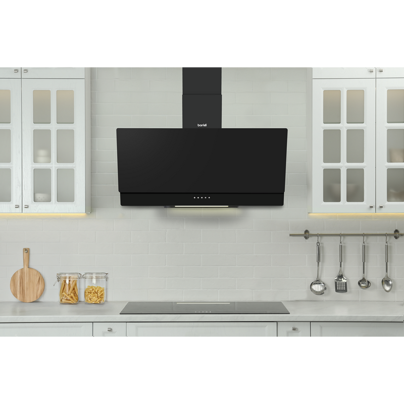 Baridi DH106  Angled Chimney Cooker Hood with Carbon Filters & LED Lamp 90cm, Energy Class A - Black Glass