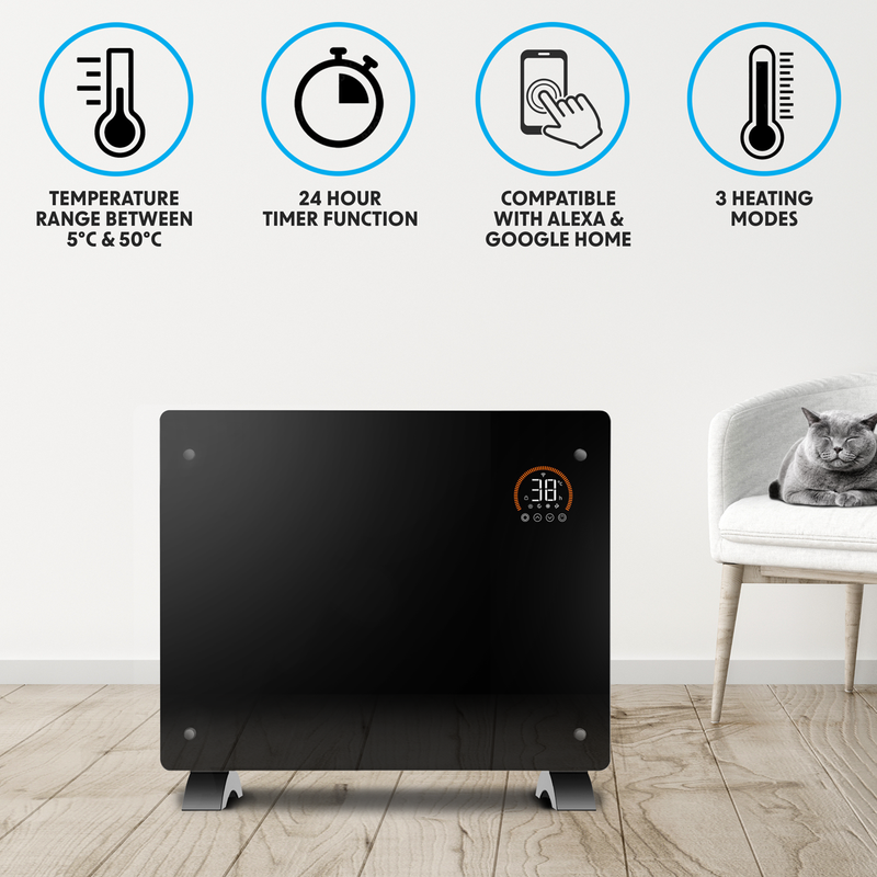 Baridi DH137  Electric Glass Panel Heater, 1500W, Thermostat Controlled 24Hr 7 Day Timer, Wi-Fi Enabled, Remote Control, Black - DH137