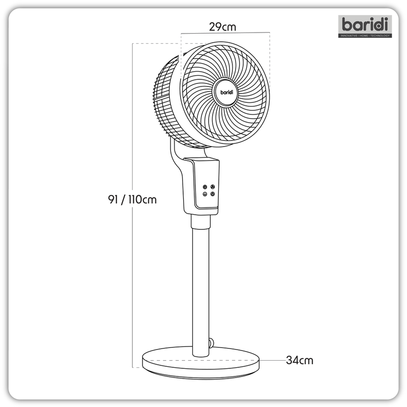 Baridi DH141  Pedestal Fan with Remote Control & 12hr Timer 12" - Grey