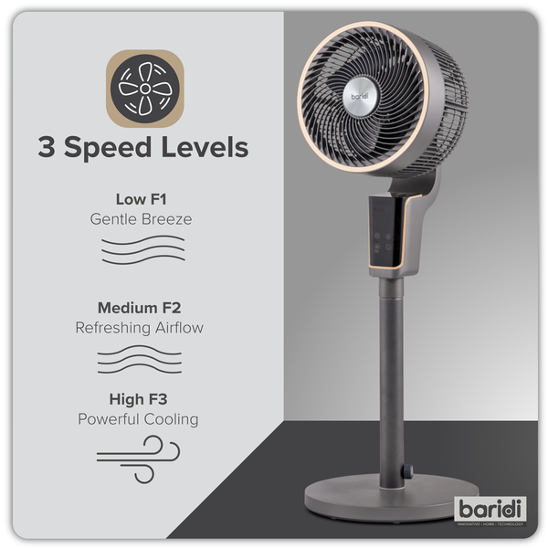 Baridi DH141  Pedestal Fan with Remote Control & 12hr Timer 12" - Grey