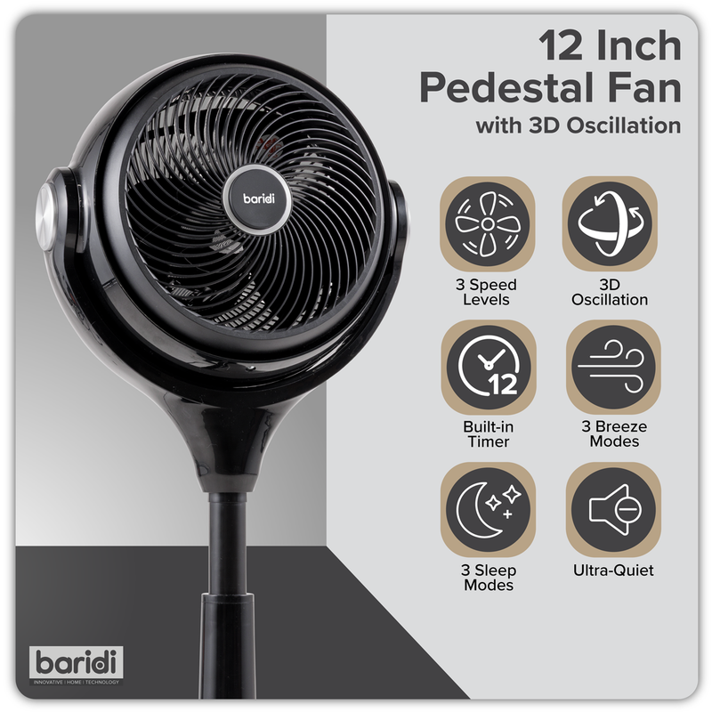 Baridi DH143  Pedestal Fan with Remote Control 10" - Black
