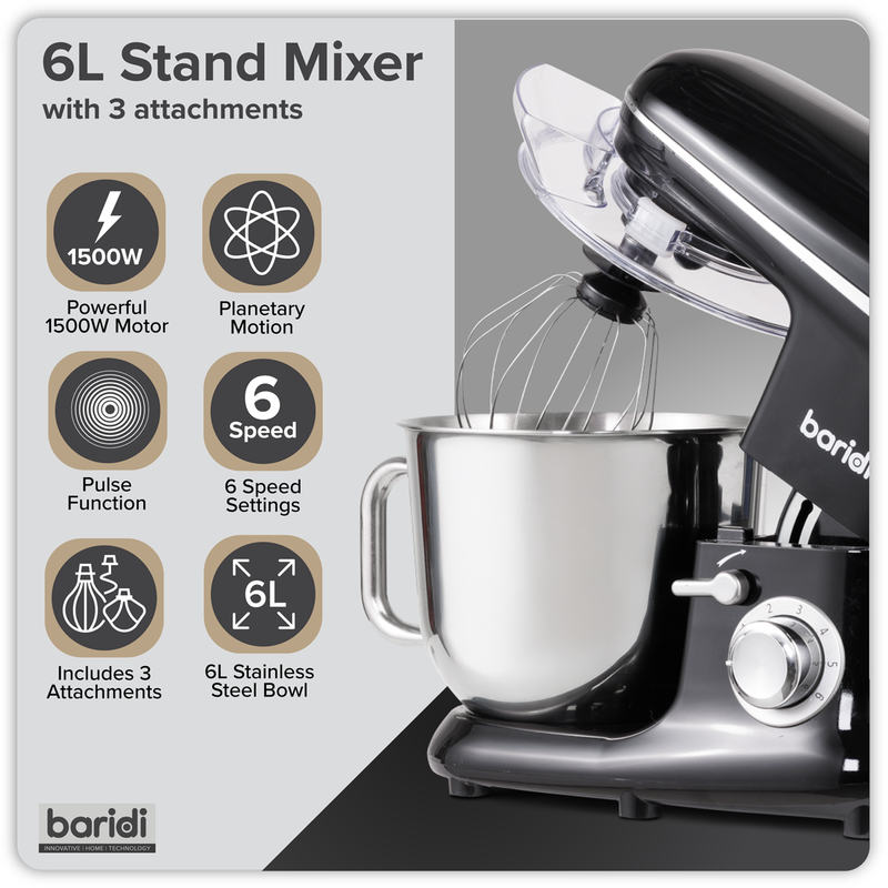 SEALEY DH173 Baridi 1500W Stand Mixer with Accessories 6L - Black