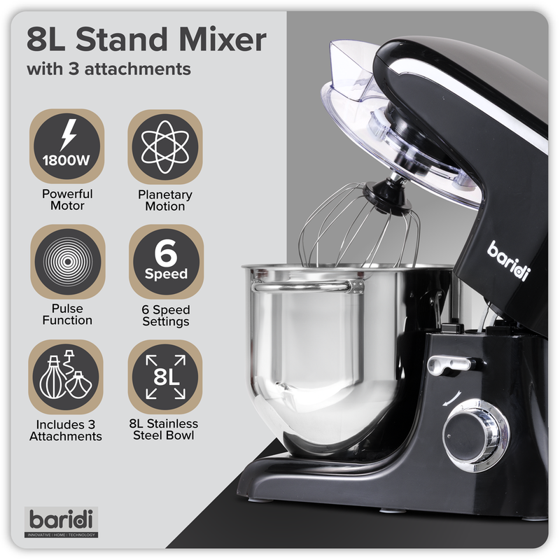 SEALEY DH174 Baridi 1800W Stand Mixer with Accessories 8L - Black