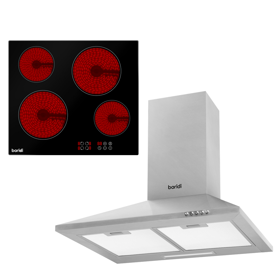 Baridi DH181  Integrated Ceramic Hob with 4 Cooking Zones 60cm & Cooker Hood with Carbon Filters 60cm